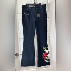 Ed Hardy Black Flare Jeans with Colorful Embroidery